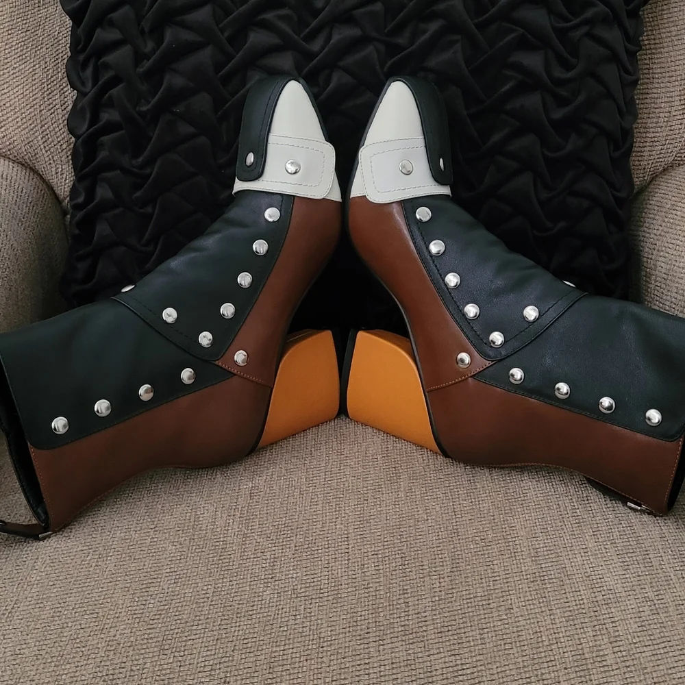 JOCHEBED HU GENUINE LEATHER RETRO STUDDED COLORBLOCK BOOTIES